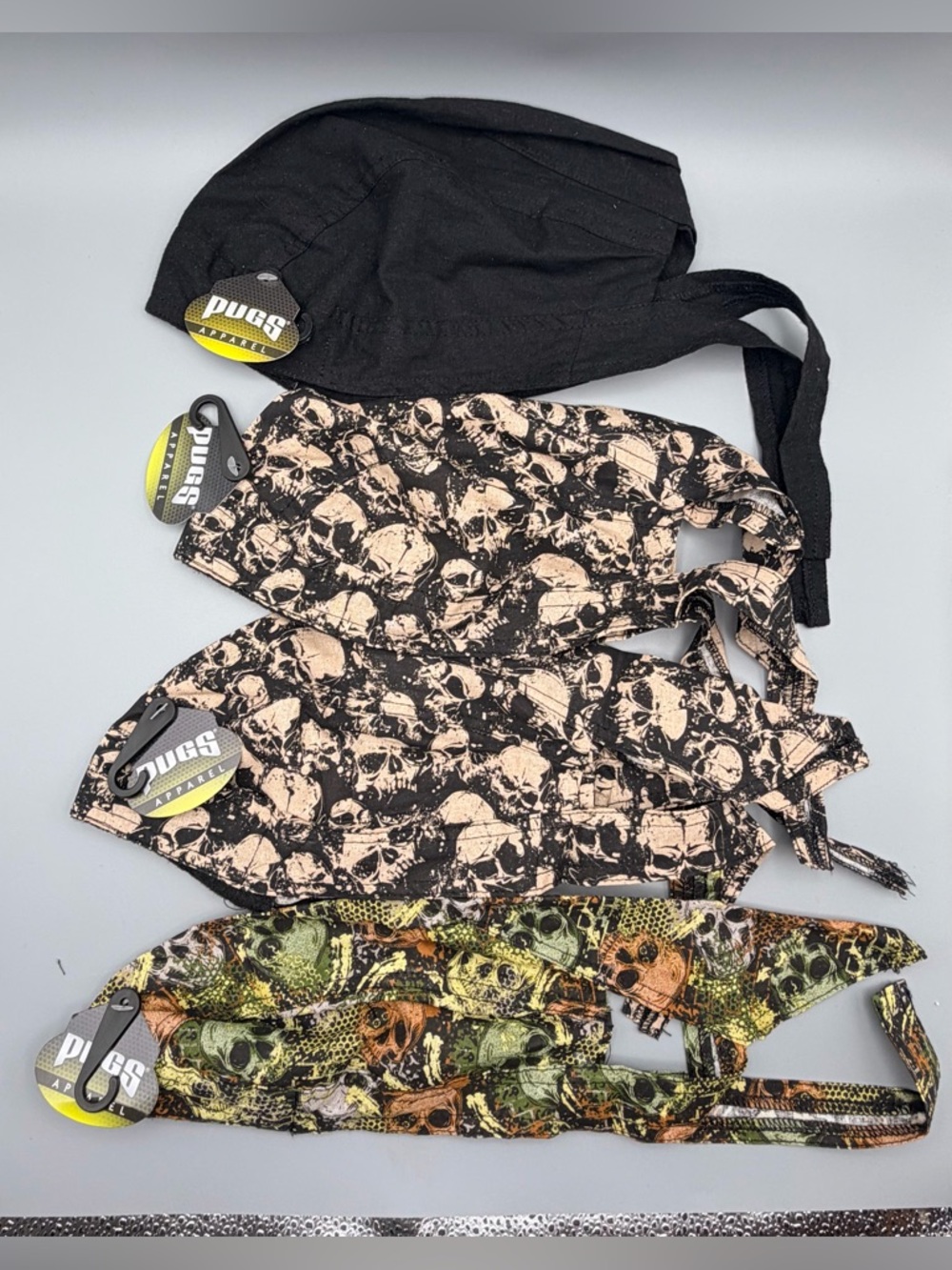 Pugs Apparel Head Wrap Skull Caps Biker Durags Skulls Camo Black Lot Of 4 NWT